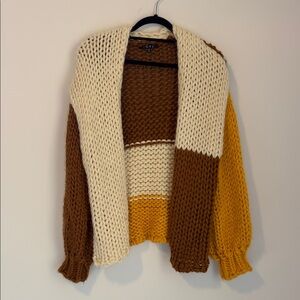 Oversized Colorblock Knit Cardigan in Cream, Brown & Mustard
